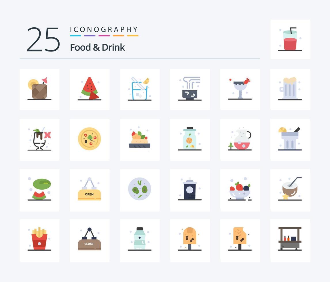 mat och dryck 25 platt Färg ikon packa Inklusive mugg. mat och restaurang. mat. vektor