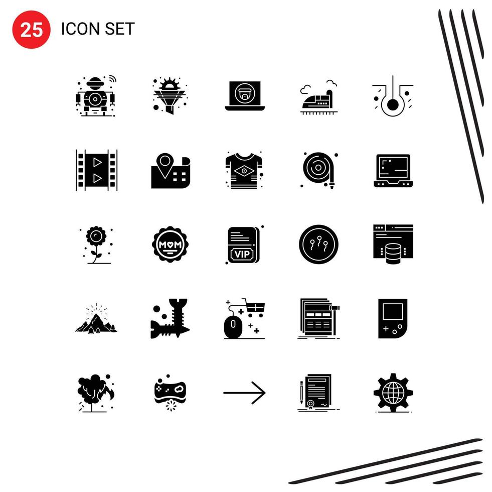 uppsättning av 25 vektor fast glyfer på rutnät för hastighet tåg redskap kula video redigerbar vektor design element