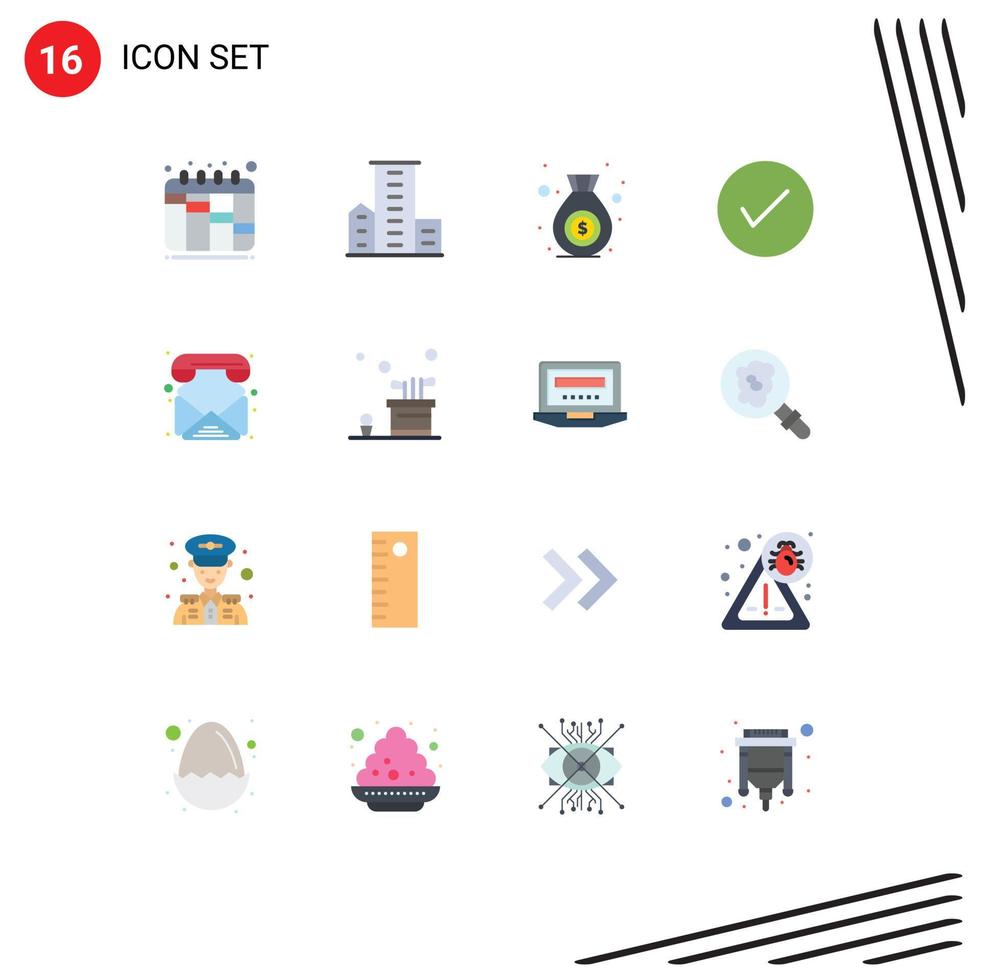 Benutzeroberflächenpaket mit 16 flachen Grundfarben von E-Mail-Tick-Bag-Okay-Pfeilen editierbares Paket kreativer Vektordesign-Elemente vektor