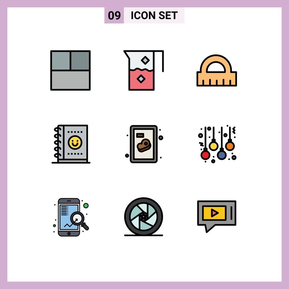 Gruppe von 9 modernen Filledline-Flachfarben für Bälle Steak Control Fleischplaner editierbare Vektordesign-Elemente vektor