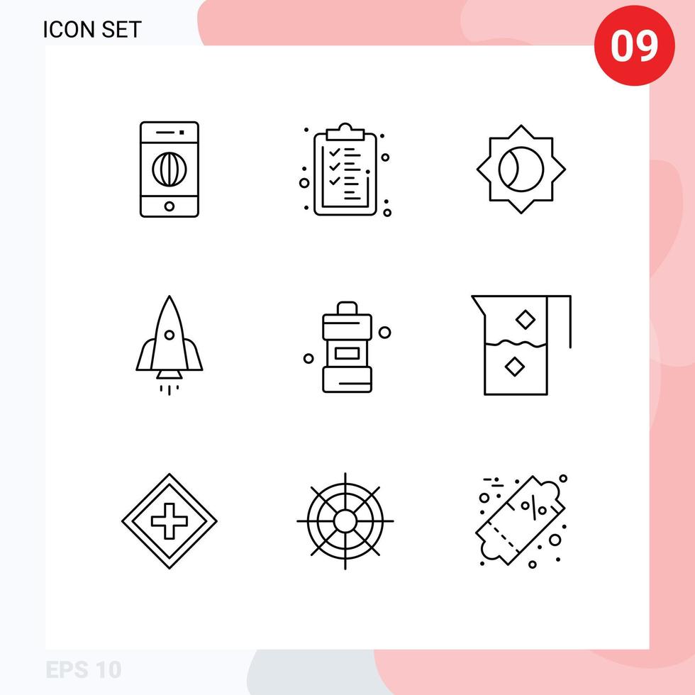 9 universell konturer uppsättning för webb och mobil tillämpningar rengöringsmedel resa grundläggande börja rymdskepp redigerbar vektor design element