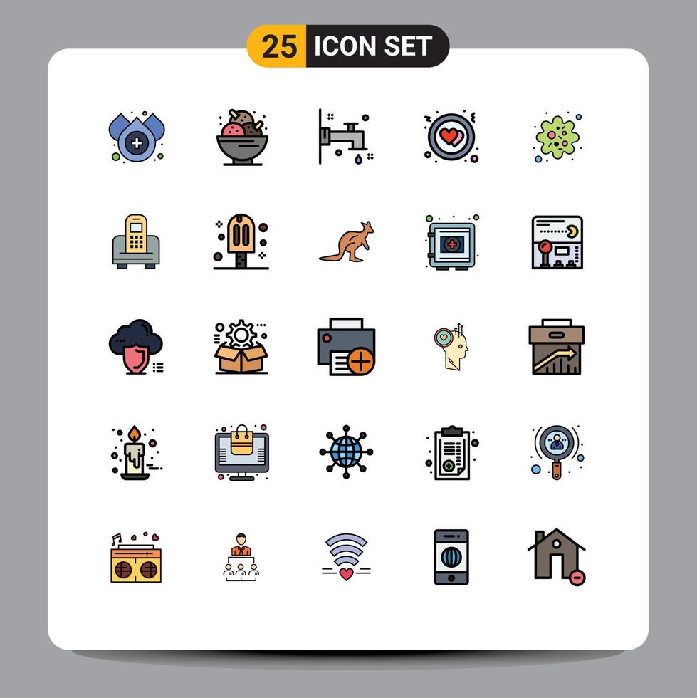 Stock Vector Icon Pack mit 25 Zeilen Zeichen und Symbolen für Viruspartikel Wasserhahn Infektion Herz editierbare Vektordesign-Elemente