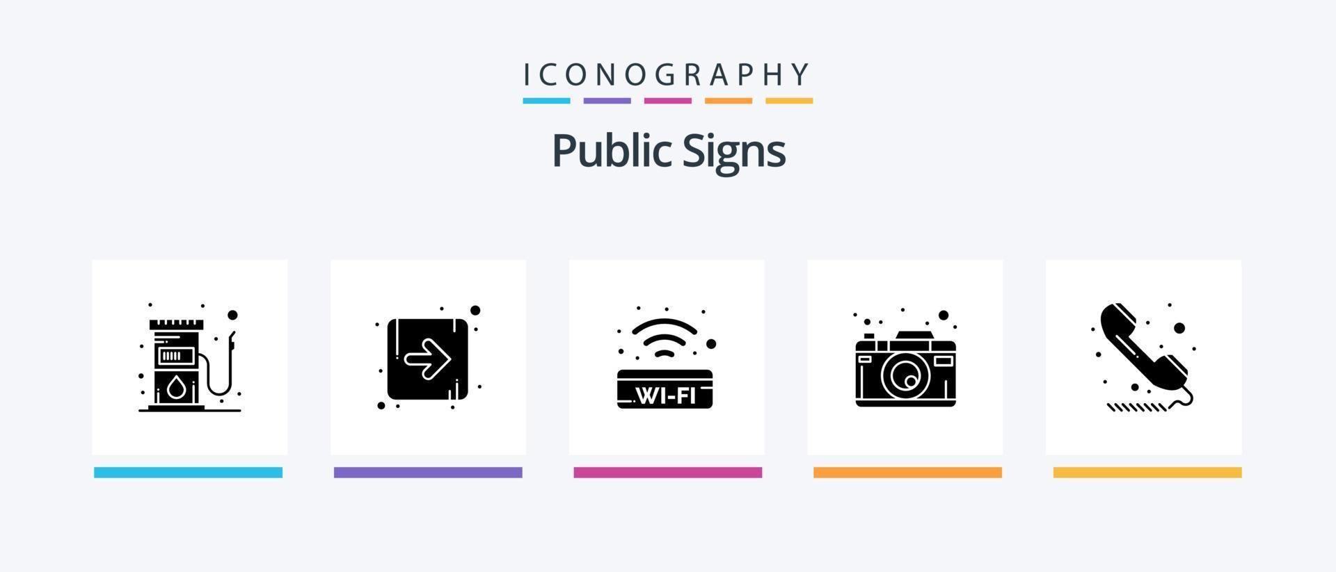 Öffentliche Schilder Glyphe 5 Icon Pack inklusive öffentlich. Anruf. unterzeichnen. Fotografie. Foto. kreatives Symboldesign vektor