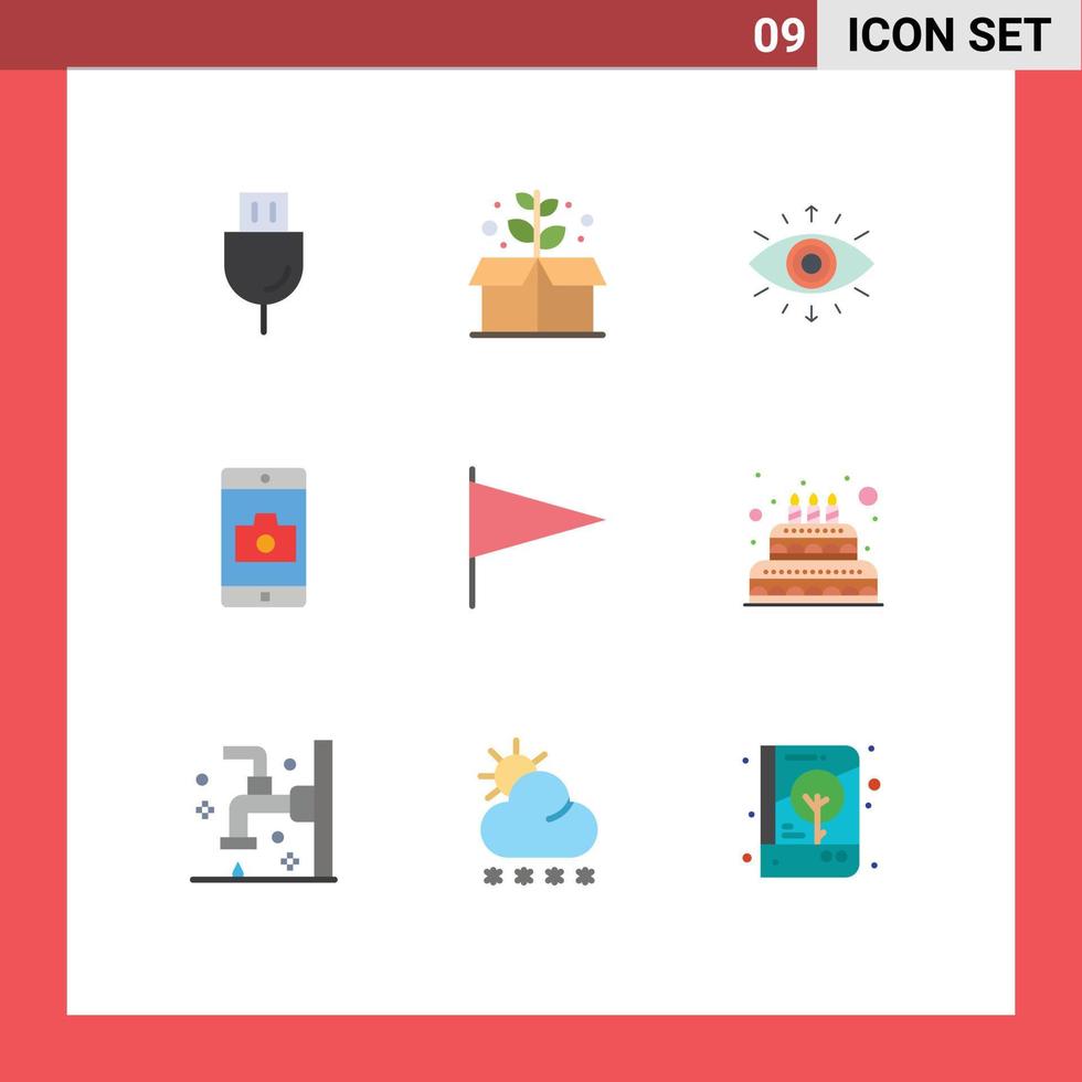 universelle Symbolsymbole Gruppe von 9 modernen flachen Farben der Flagge Kameraauge mobile Anwendung bearbeitbare Vektordesign-Elemente vektor