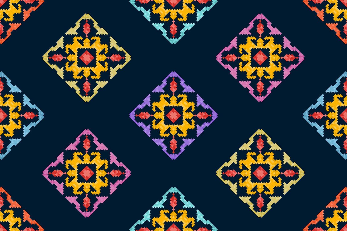 Ikat-Pixel-Paisley ethnisches nahtloses Muster-Dekorationsdesign. aztekischer Stoffteppich Boho Mandalas Textiltapete. stammes-eingeborenes motiv verziert afroamerikanischen volkstümlichen traditionellen stickereivektor vektor
