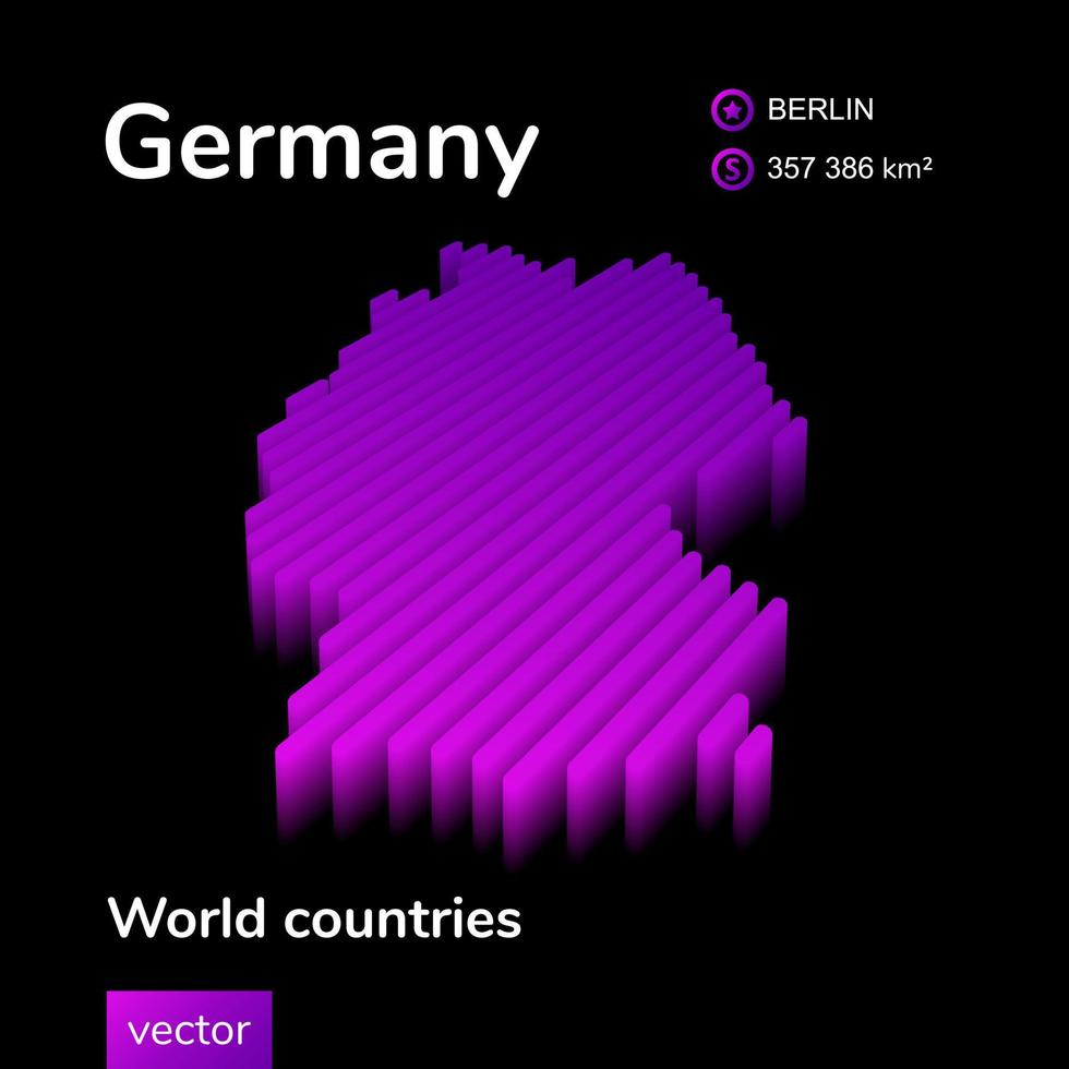 deutschland 3d karte. stilisierte Neon digital isometrische gestreifte Vektorkarte von Deutschland in violetten und rosa Farben auf dem schwarzen Hintergrund vektor