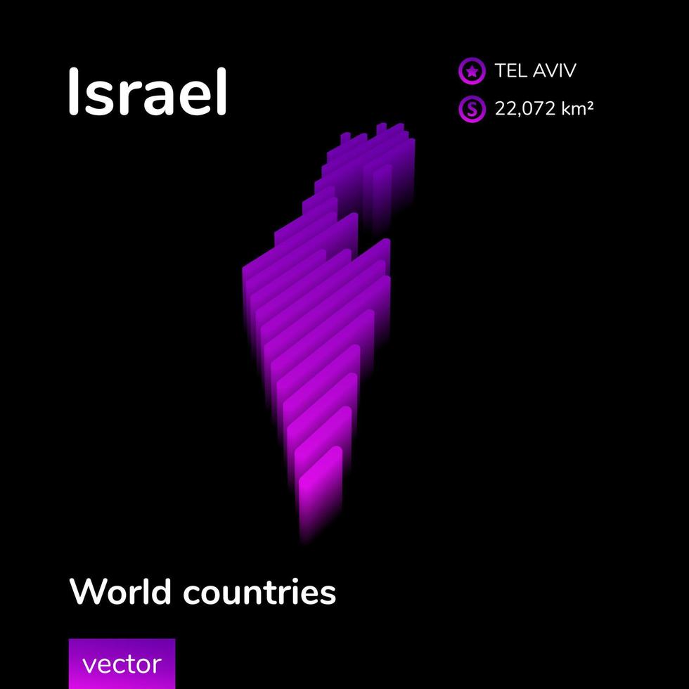 israel 3d karte. stilisierte Neon digital isometrische gestreifte Vektorkarte in violetten und rosa Farben auf schwarzem Hintergrund vektor