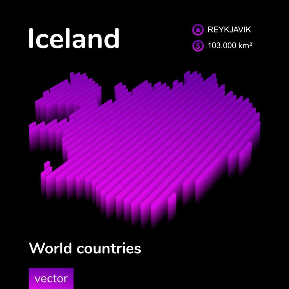 Island 3D-Karte. stilisierte digitale isometrische gestreifte neonkarte von island in violetten und rosafarbenen farben auf dem schwarzen hintergrund vektor