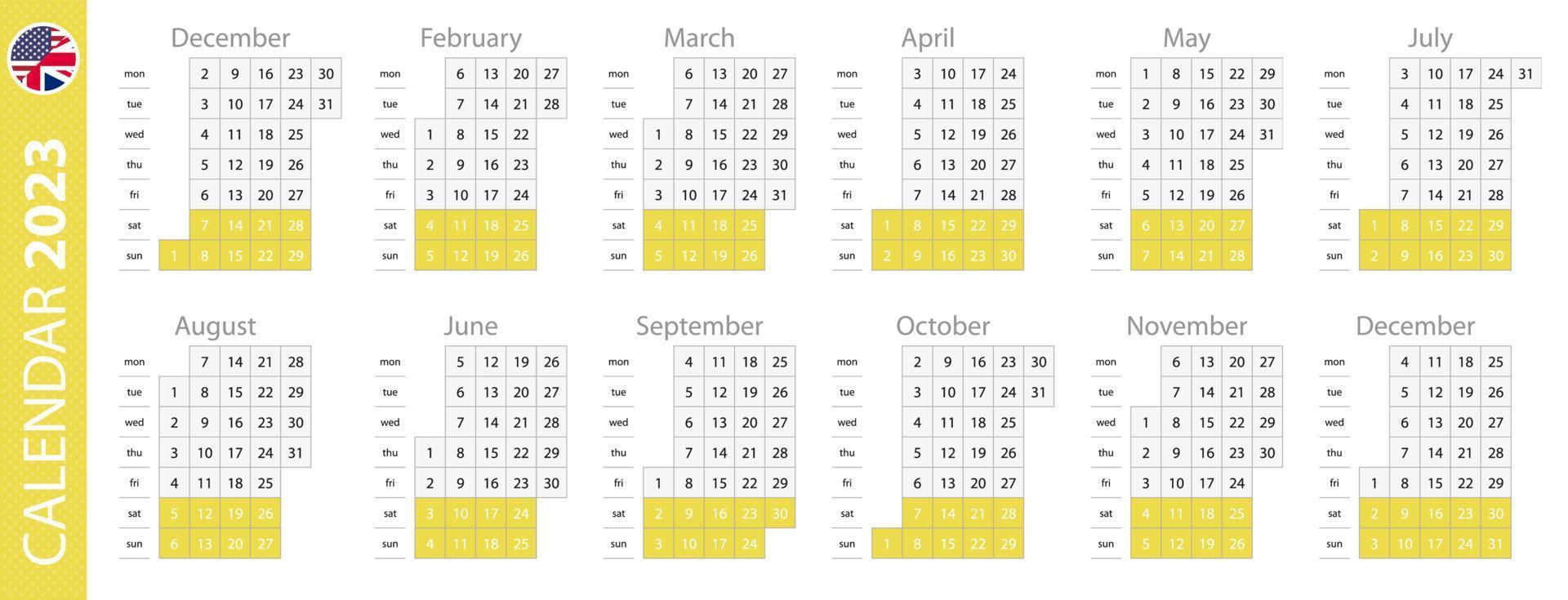 Kalendervorlage für das Jahr 2023, vertikales Gitterdesign. vektor