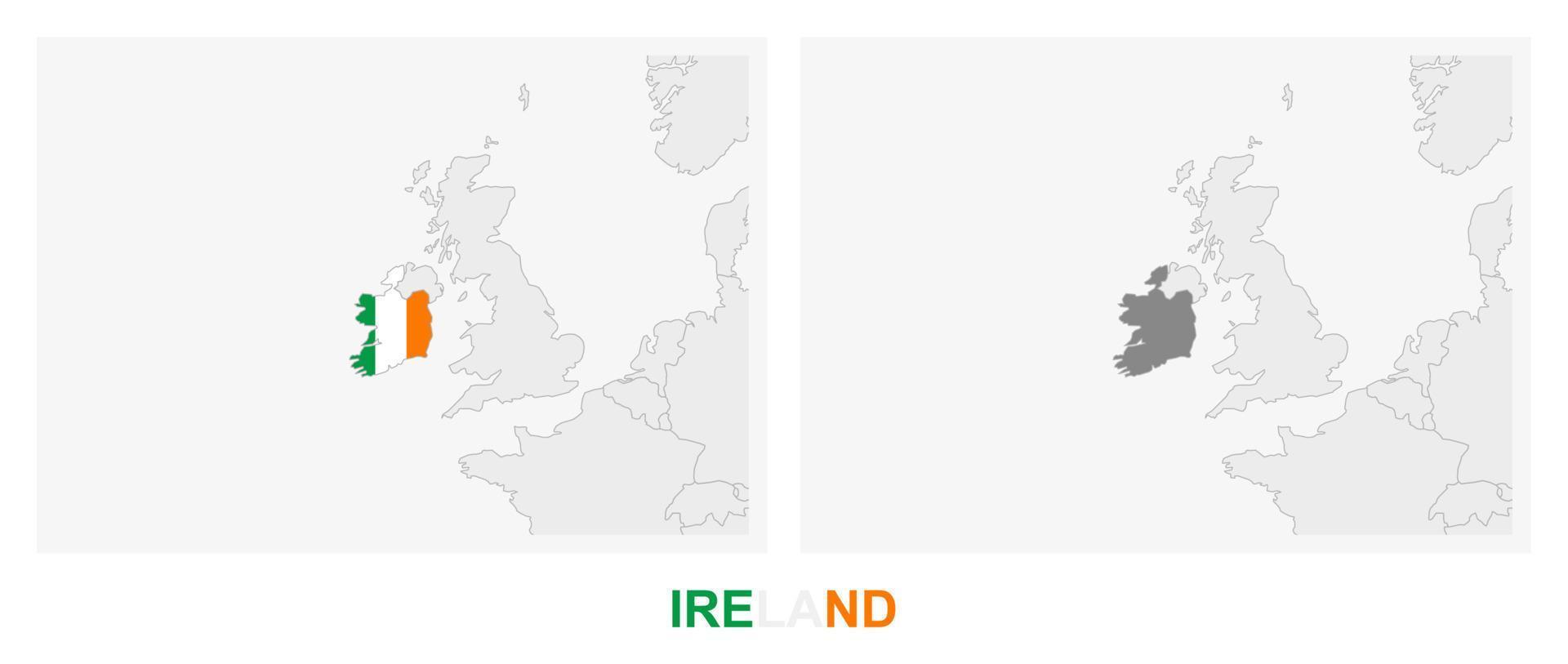 zwei versionen der karte von irland, mit der flagge von irland und dunkelgrau hervorgehoben. vektor