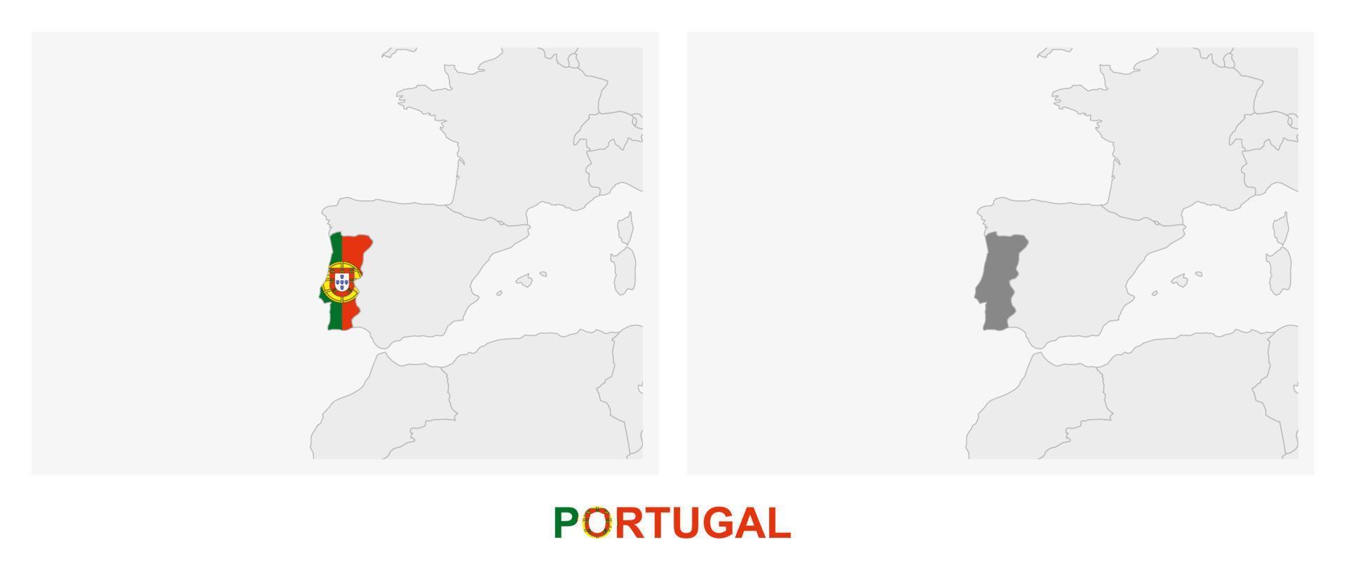 zwei versionen der karte von portugal, mit der flagge von portugal und dunkelgrau hervorgehoben. vektor