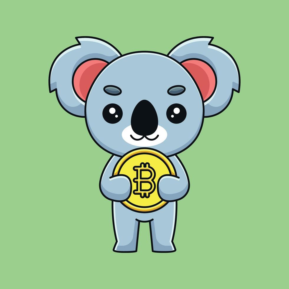 söt koala innehav bitcoin tecknad serie maskot klotter konst hand dragen översikt begrepp vektor söt ikon illustration