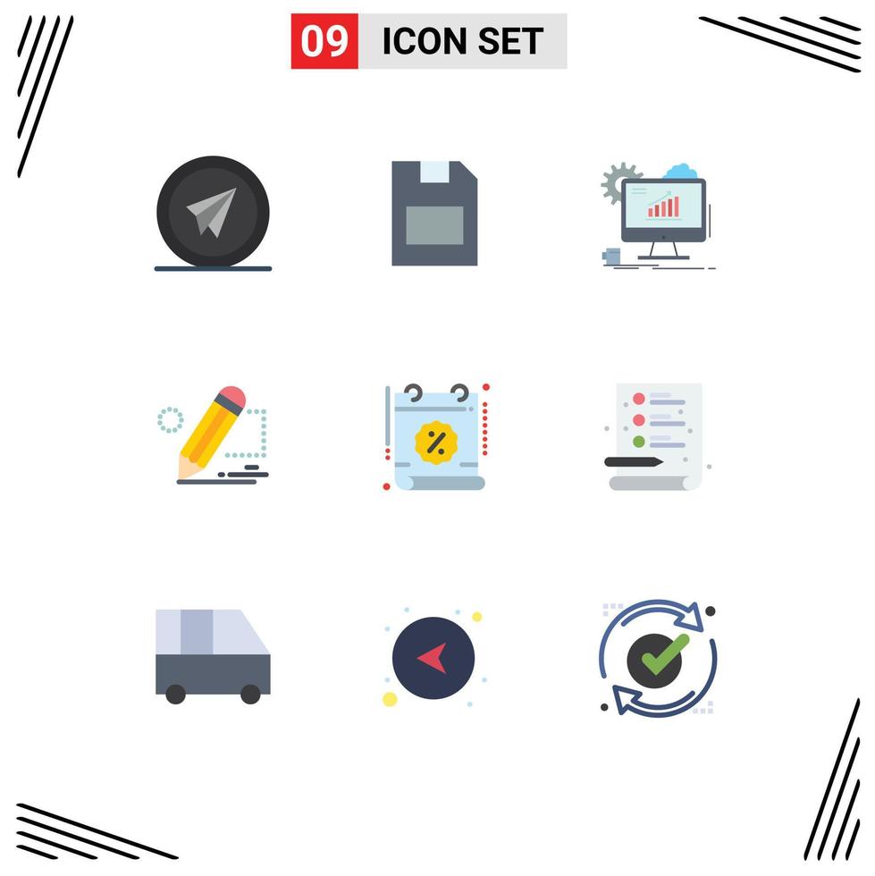 flacher Farbsatz der mobilen Schnittstelle von 9 Piktogrammen von Tablet-Darwing-Datenbleistift-Web-editierbaren Vektordesign-Elementen vektor
