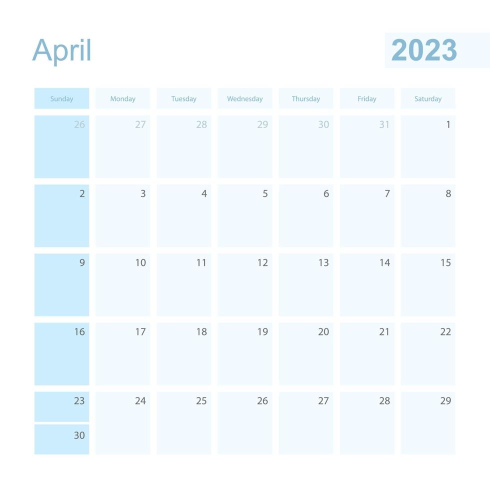 2023 april vägg planerare i blå Färg, vecka börjar på söndag. vektor