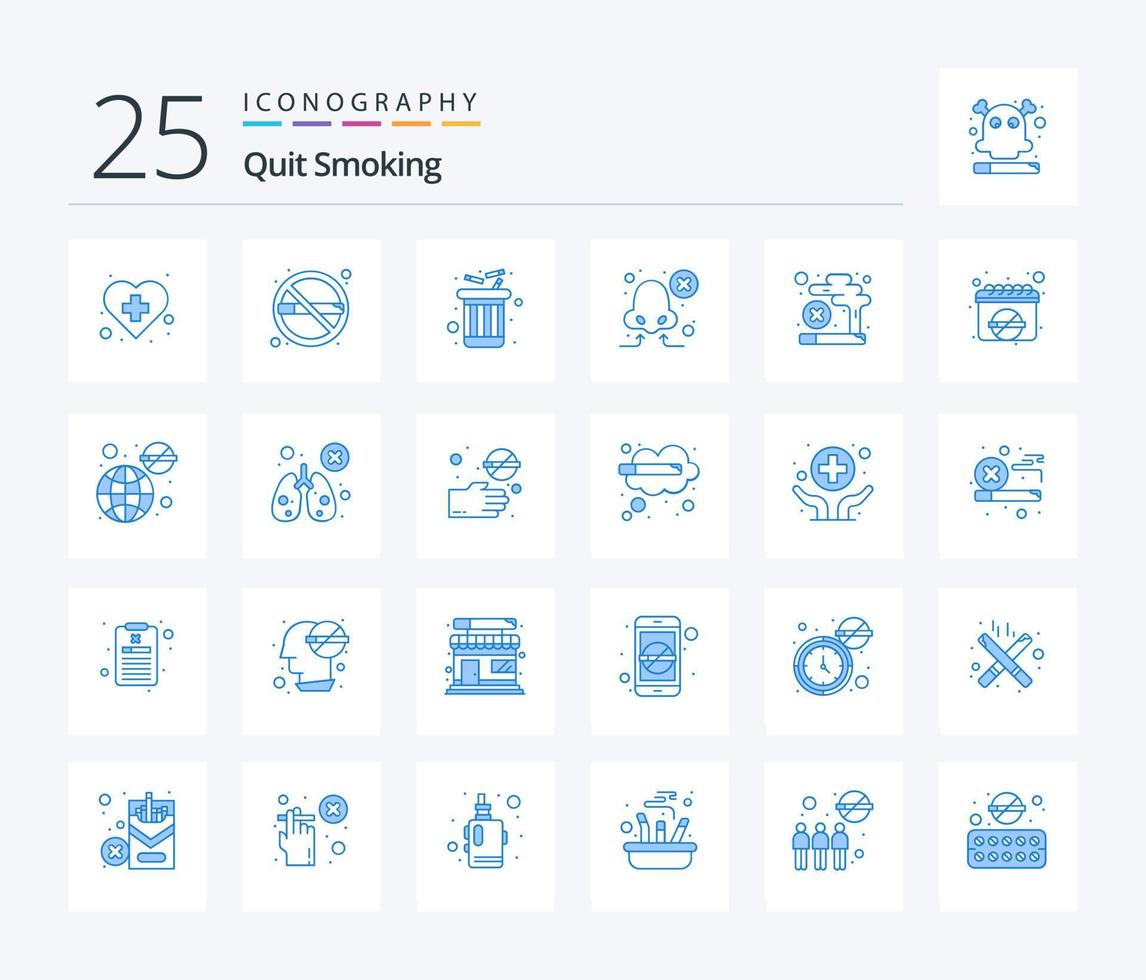 Beenden Sie das Rauchen 25 blaue Symbolpakete einschließlich ungesund. Sucht. Müll. kurzer Atem. Nase vektor