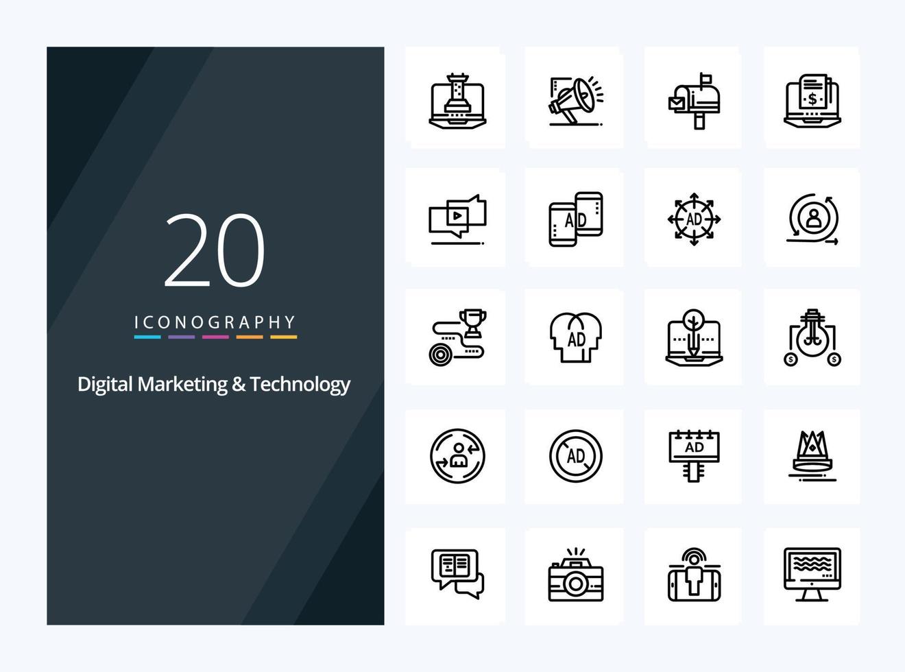 20 Umrisssymbol für digitales Marketing und Technologie zur Präsentation vektor