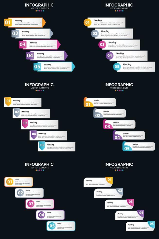 Vektor 6 Infografiken Pack Präsentationsfolie Vorlage 5 Schritte Zyklusdiagramme und Zeitleisten