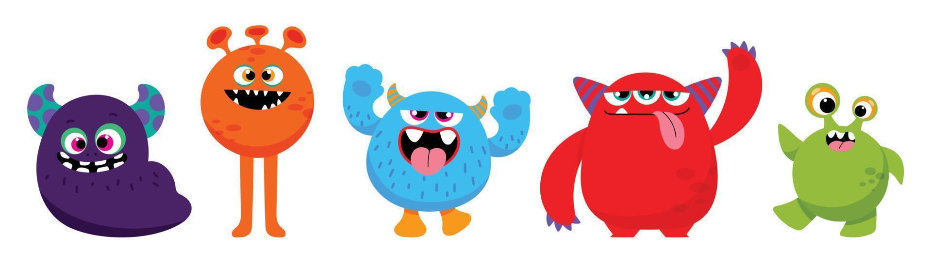 söt och söt monster barn ikon uppsättning. samling av söt tecknad serie monster i annorlunda lekfull tecken. rolig jäkel, utomjording, demon och varelse platt vektor design för komisk, utbildning, presentation.