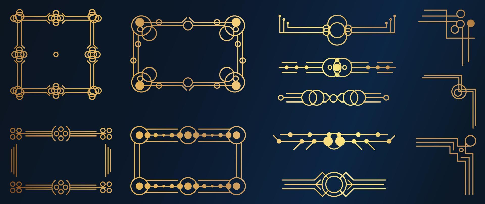 Sammlung geometrischer Art-Deco-Ornamente. luxuriöse goldene dekorative elemente mit verschiedenen linien, rahmen, kopfzeilen, teilern und ecken. satz elegantes design geeignet für karte, einladung, poster. vektor