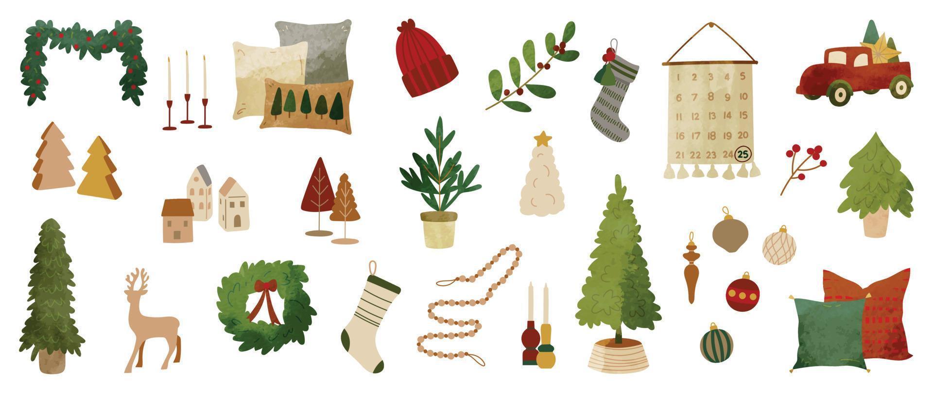 satz der aquarellweihnachtselement-vektorillustration. sammlung von weihnachtskranz, kugelkugel, socken, weihnachtsbaum, rentier, hut. design für aufkleber, karte, poster, einladung, gruß. vektor