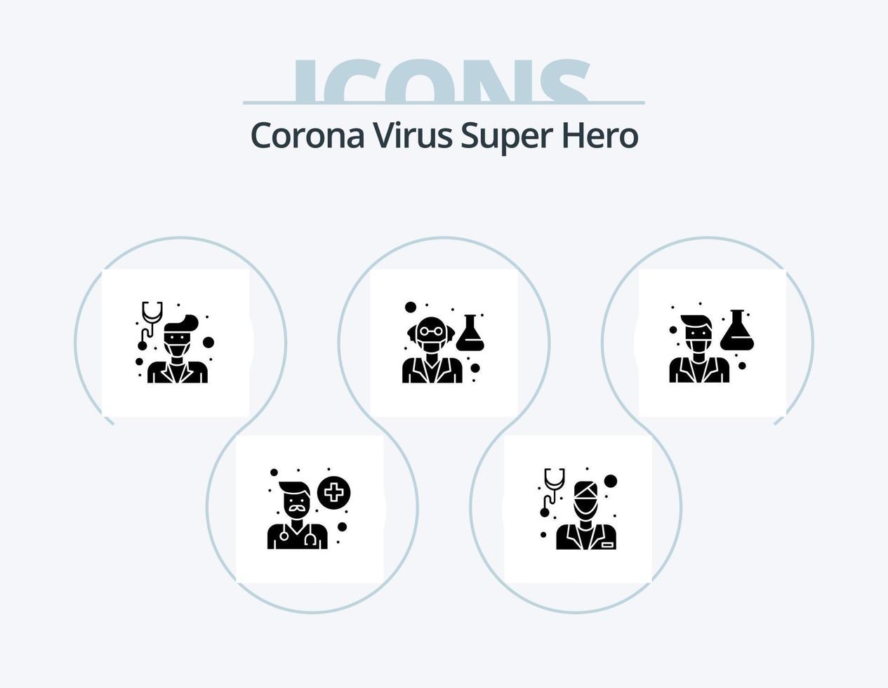 Corona-Virus-Superheld-Glyphen-Icon-Pack 5-Icon-Design. Labor. Professor. männlich. Arzt. Pflege vektor