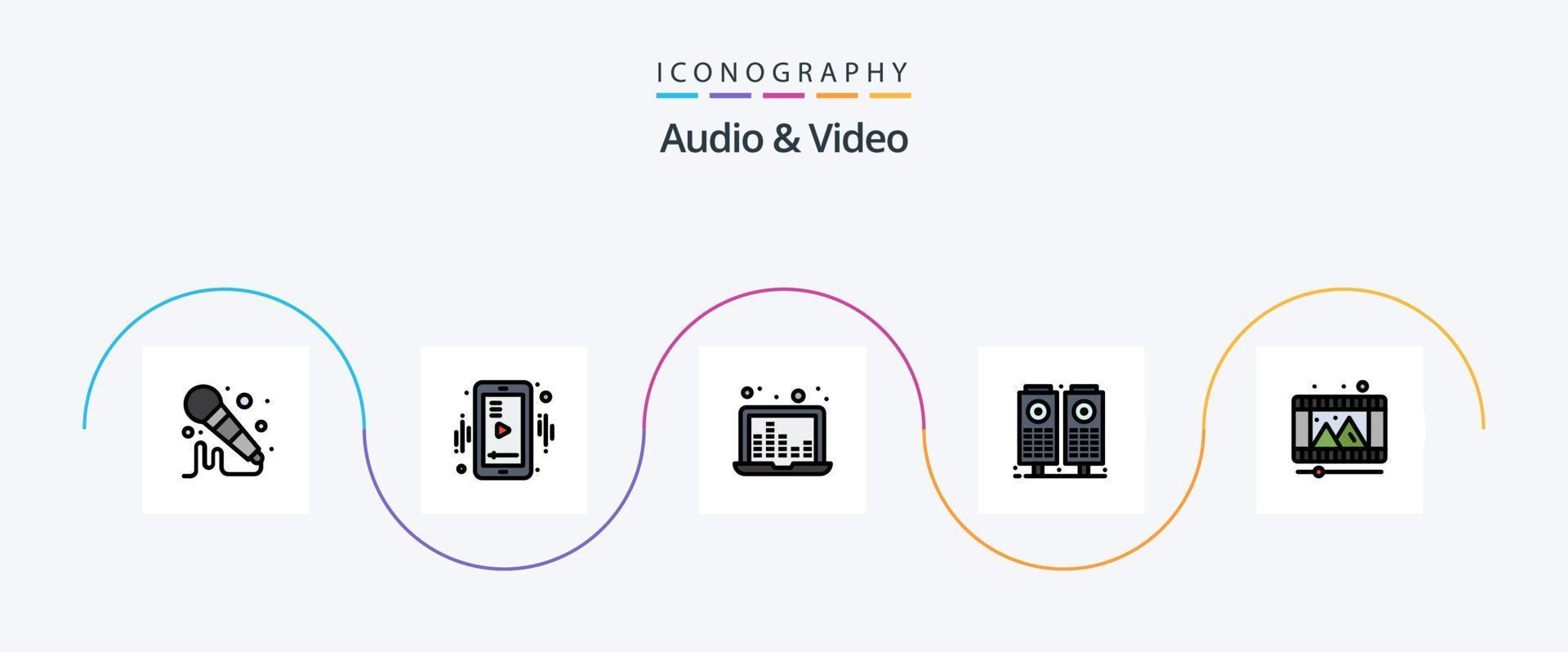 audio och video linje fylld platt 5 ikon packa Inklusive rulle. spela Lagra. ljud barer. spela. ljud vektor