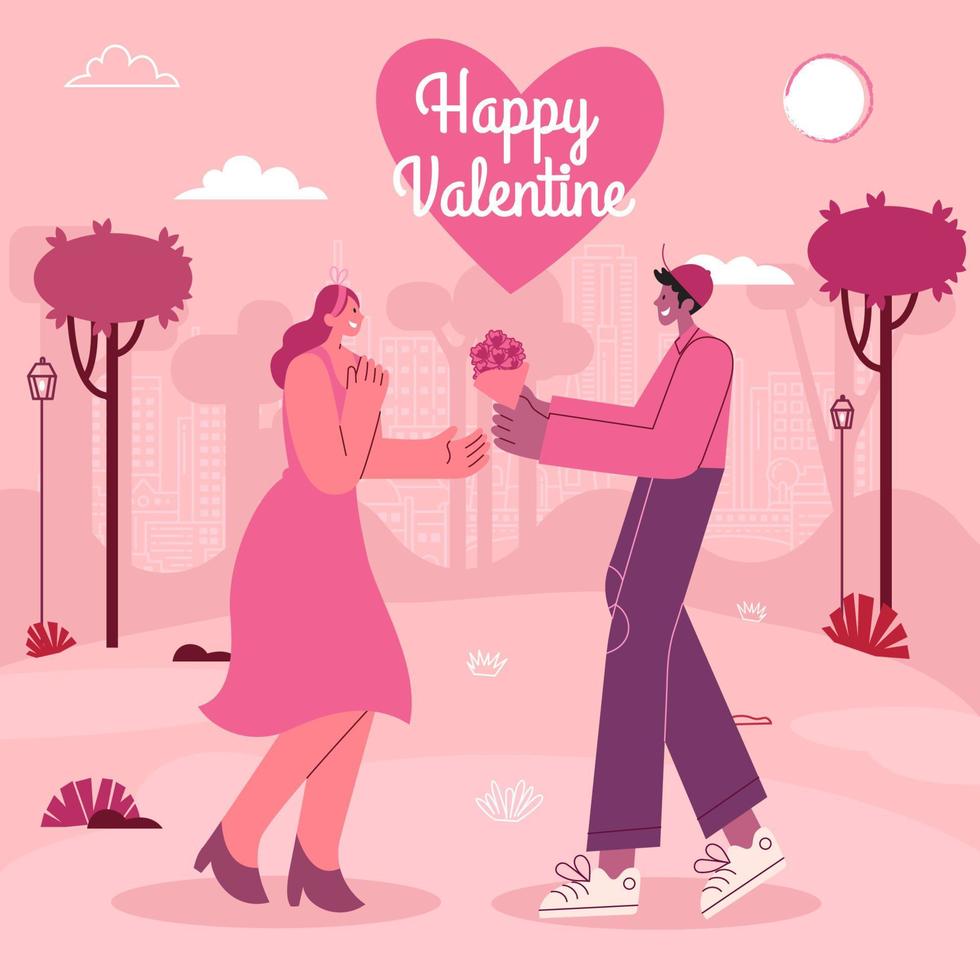 valentinstag grußkarte. Junge, der einem Mädchen Blumenstrauß gibt. moderne flache Vektorillustration vektor