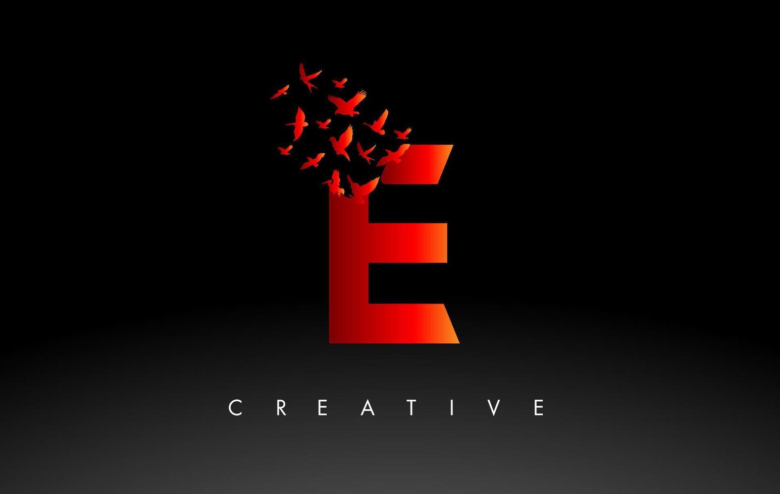 roter e-logo-buchstabe mit vogelschwarm, der aus dem brief fliegt und sich auflöst. vektor