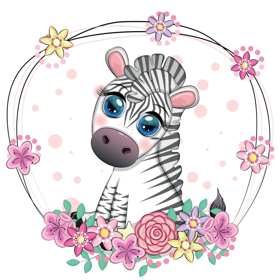 niedliches Cartoon-Zebra sitzt in Blumen. kindlicher gestreifter charakter, afrikanische tiere vektor