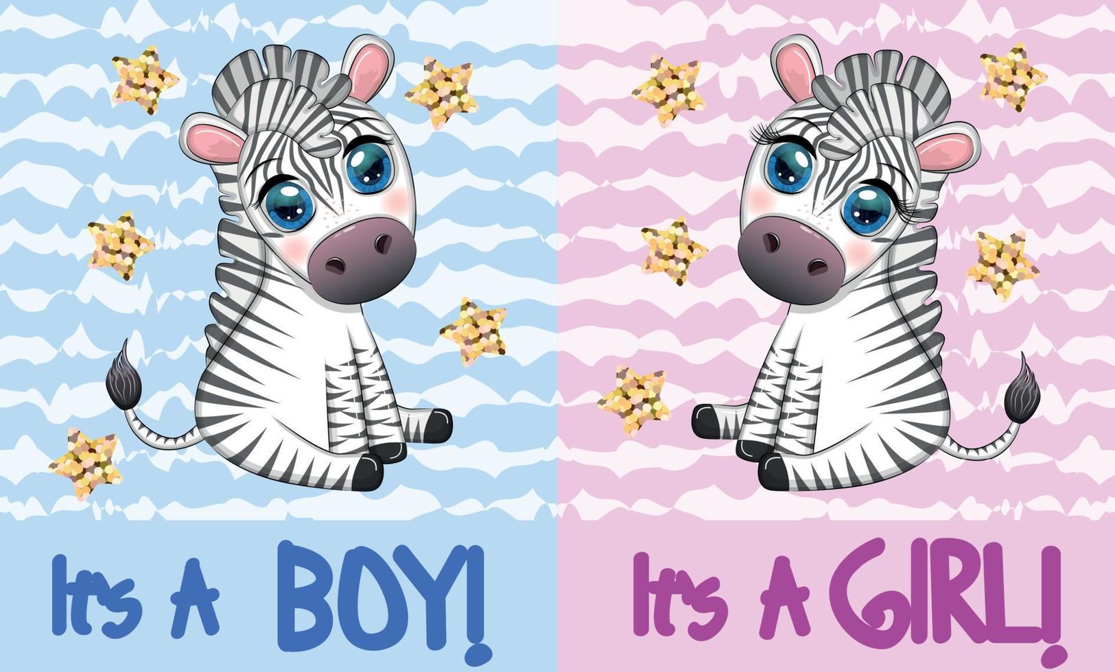 kort dess en pojke, dess en flicka med en söt tecknad serie zebra Sammanträde. barns Semester av de nyfödd, bebis dusch vektor