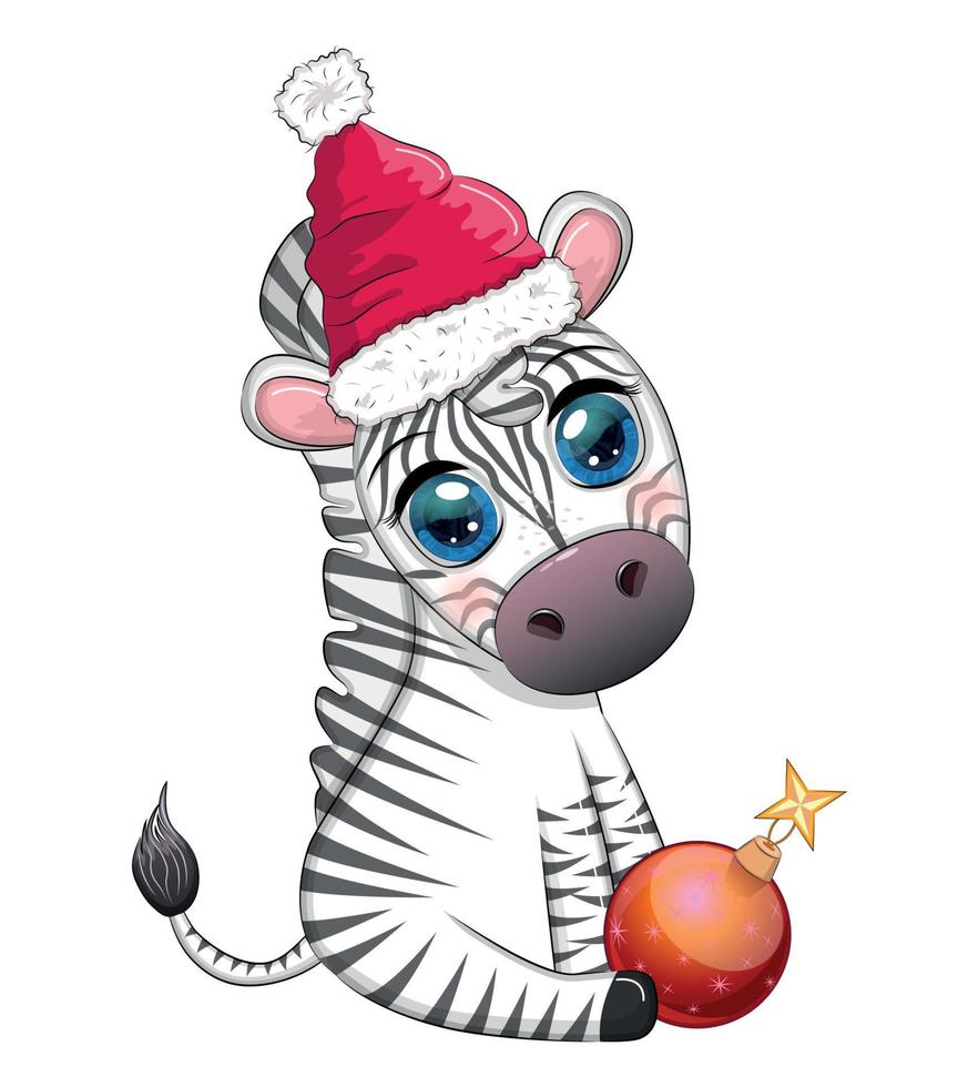 söt zebra i santa hatt med jul boll, godis kane, gåva. vilda djur och växter högtider tecknad serie karaktär. vektor