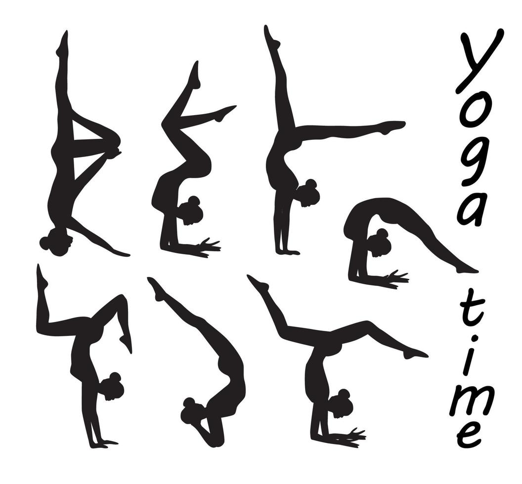 komplicerad yoga poser asana svart silhuetter av flickor vektor