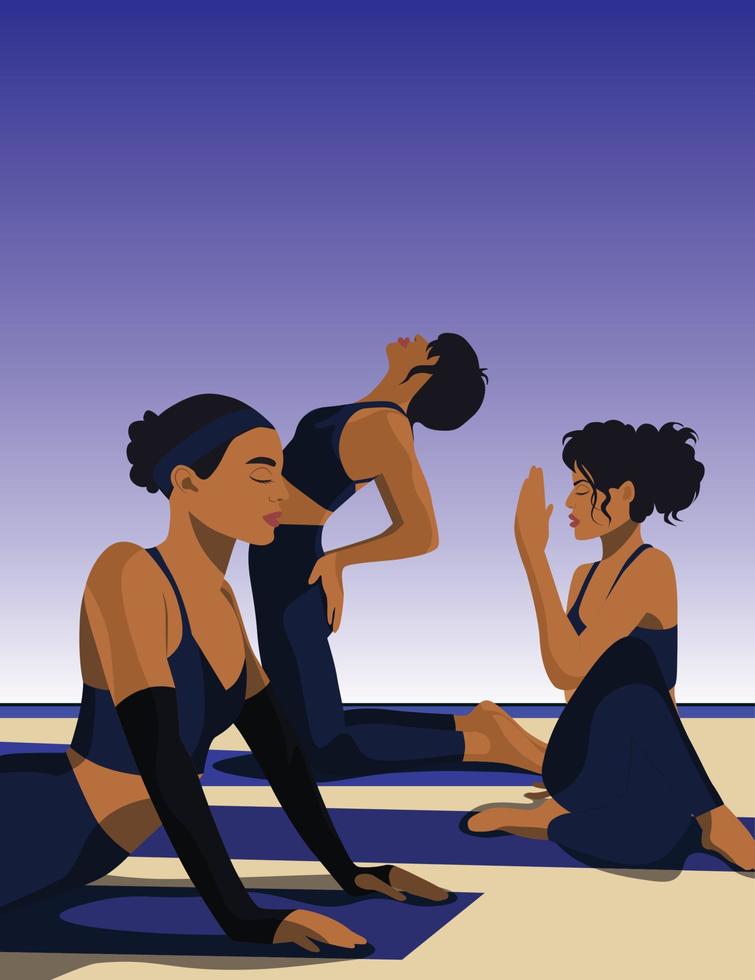 digital illustration flickor håller på med grupp yoga meditera i annorlunda poser vektor