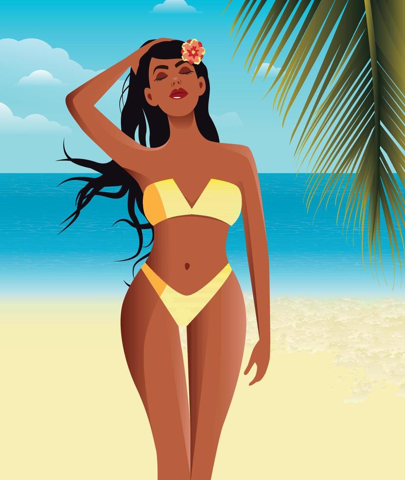 Digitale Illustration eines Mädchens mit langen Haaren in einem schönen Bikini und einer Blume im Haar sonnt sich im Sommer im Urlaub am Strand, umgeben von Palmen vektor