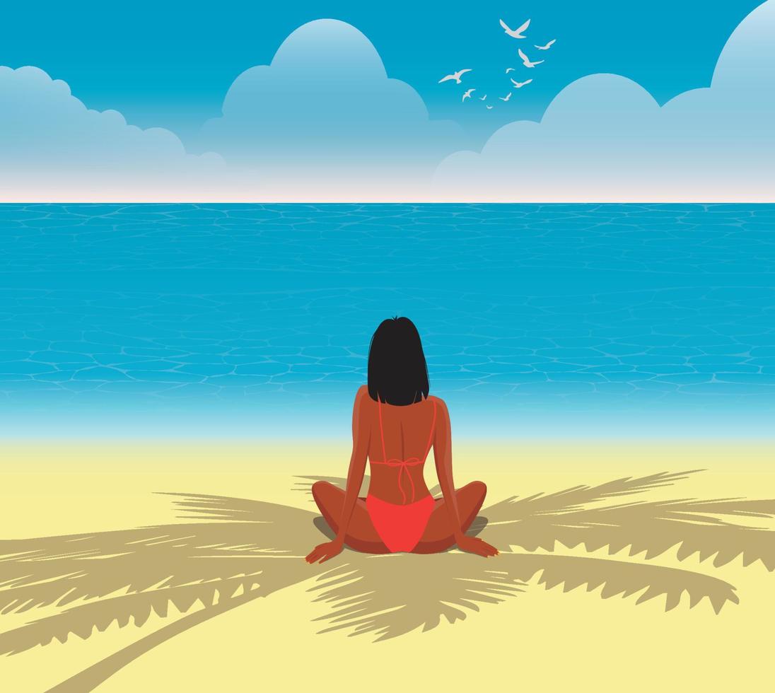digitale Illustration eines Mädchens im Sommer im Urlaub freut sich über das Meer, meditiert und sonnt sich am Strand im Schatten einer Palme vektor