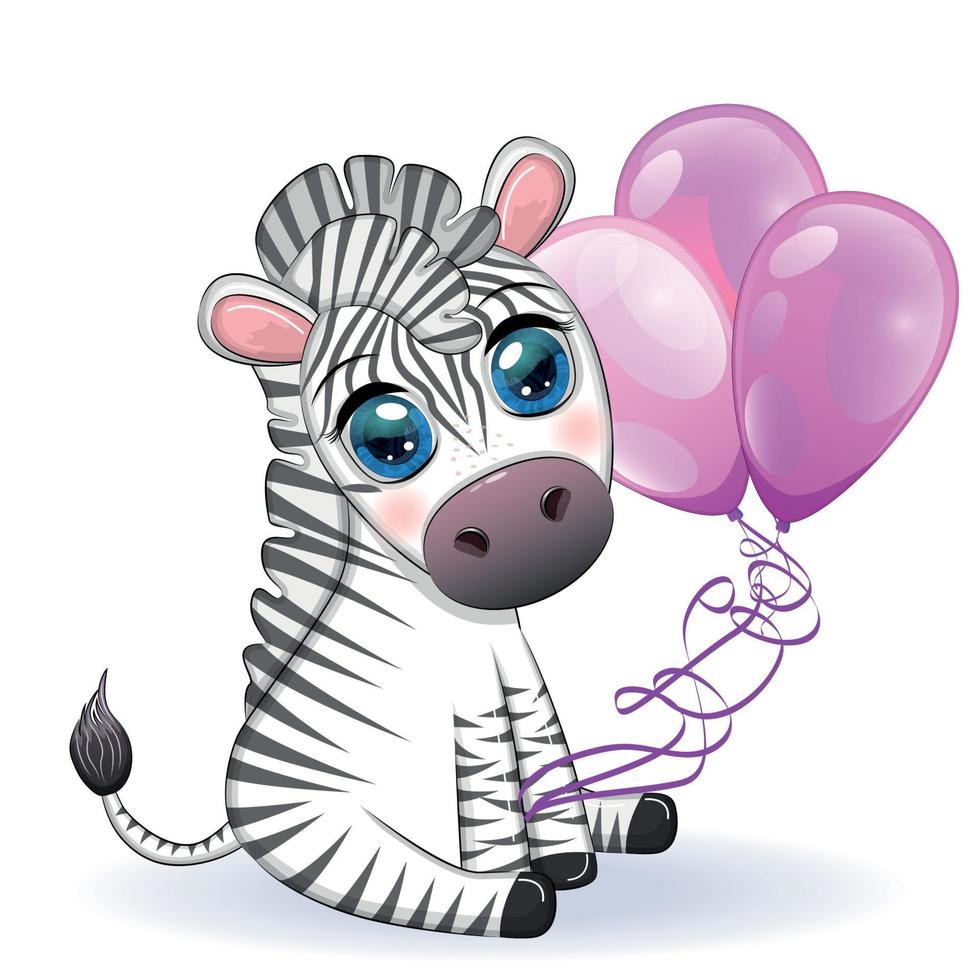 niedliches Cartoon-Zebra sitzt und hält Luftballons. gestreifter kindercharakter, urlaub vektor