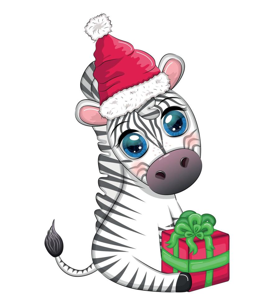 söt zebra i santa hatt med jul boll, godis kane, gåva. vilda djur och växter högtider tecknad serie karaktär. vektor