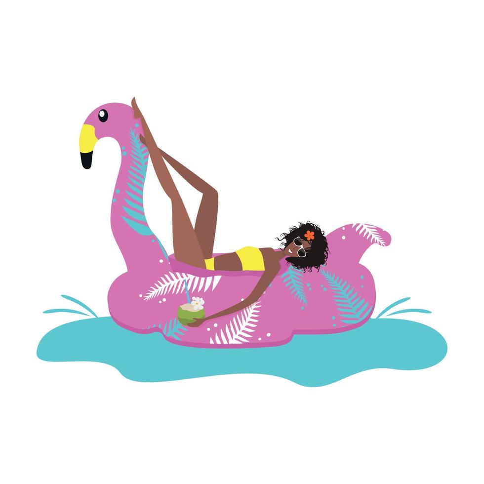 ljus illustration skön flicka i en gul baddräkt med glasögon och en kokos simmar på ett uppblåsbar rosa flamingo i en slå samman eller hav vektor