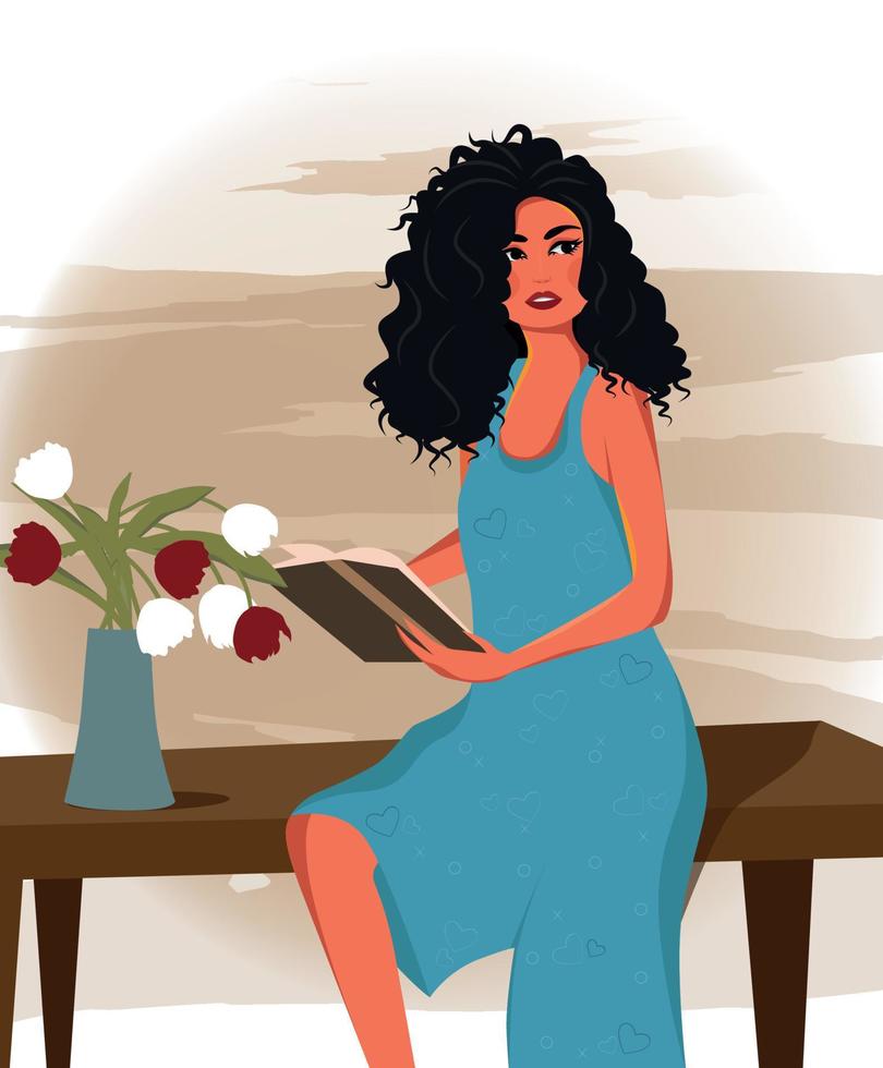 digital illustration av en skön lockigt hår flicka läsning en bok eller studerar något, lutande på de kant av de tabell fundersam se vektor