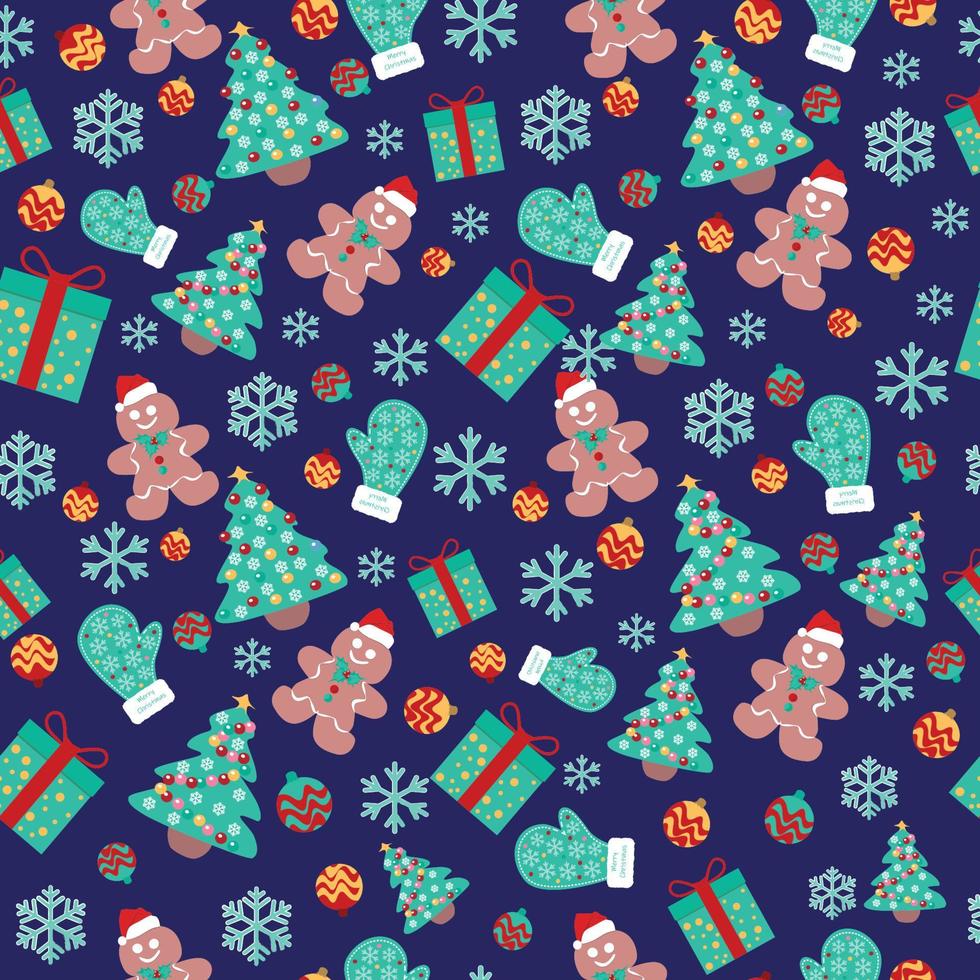 jul mönster på blå bakgrund jul träd snöflingor och leksaker vektor