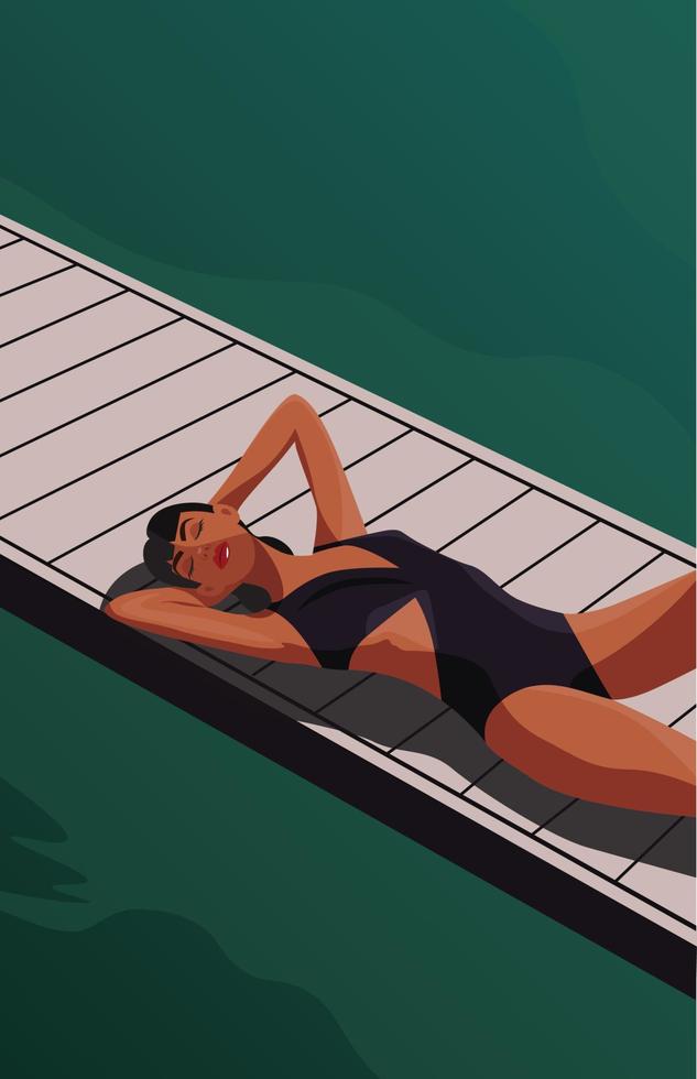Digitale Illustration eines Mädchens in einem Badeanzug im Sommer, das sich im Urlaub ausruht, sonnt sich auf dem Pier und schwimmt im Meer vektor