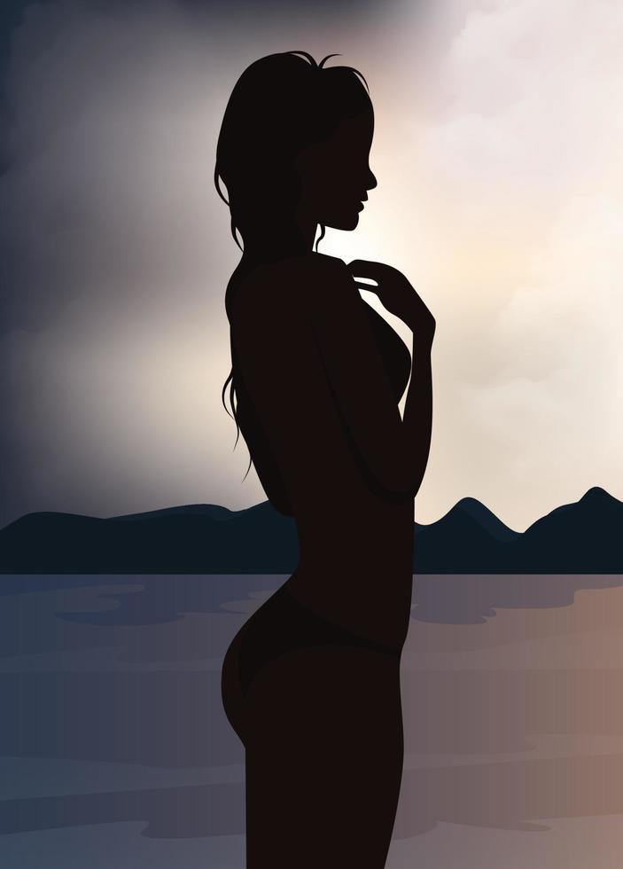 digital illustration av en silhuett av en flicka på semester simmar i de hav hav vektor