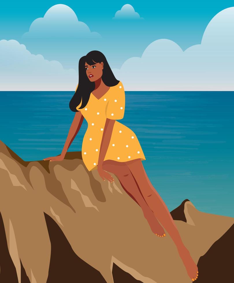 Digitale Illustration eines Mädchens im Sommer im Urlaub sitzt und posiert auf einem Felsen in den Bergen vor dem Hintergrund des Ozeans vektor