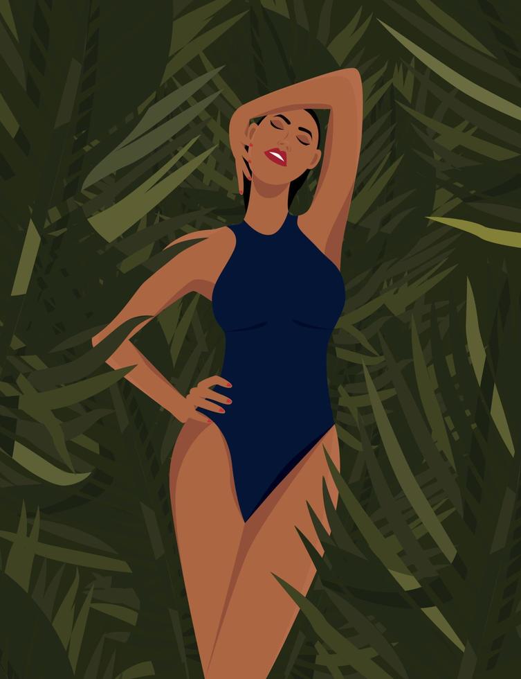 digital illustration av en skön solbränd flicka i sommar på semester i en blå baddräkt Framställ i de djungel bland grönska och handflatan träd vektor