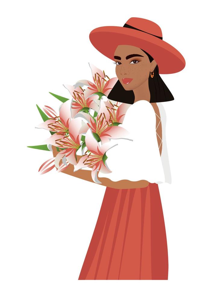 schönes Mädchen in einem Hut mit Lilienblumen in ihren Händen vektor