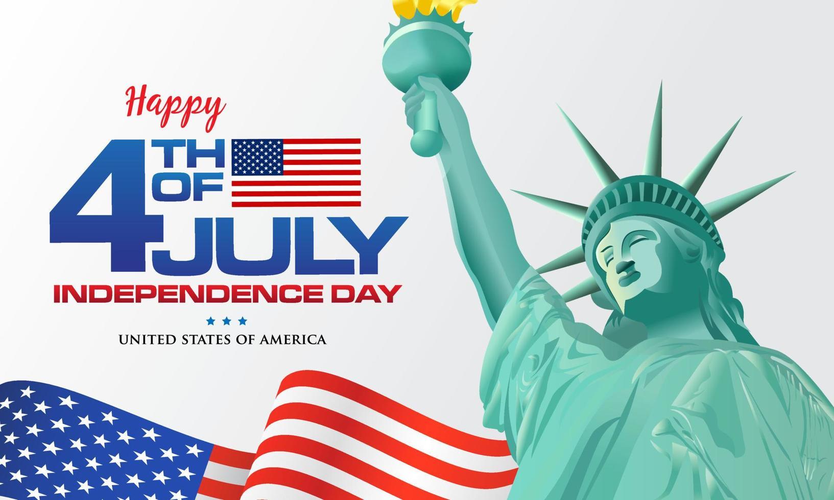 4:e av juli. Lycklig oberoende dag av Amerika bakgrund med vinka flagga och staty av frihet vektor