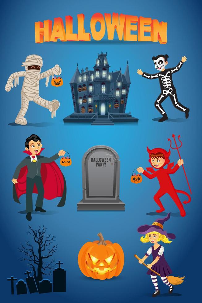 halloween vektor uppsättning med barn klädd i halloween kostym, besatt hus, pumpa och gravsten på blå bakgrund