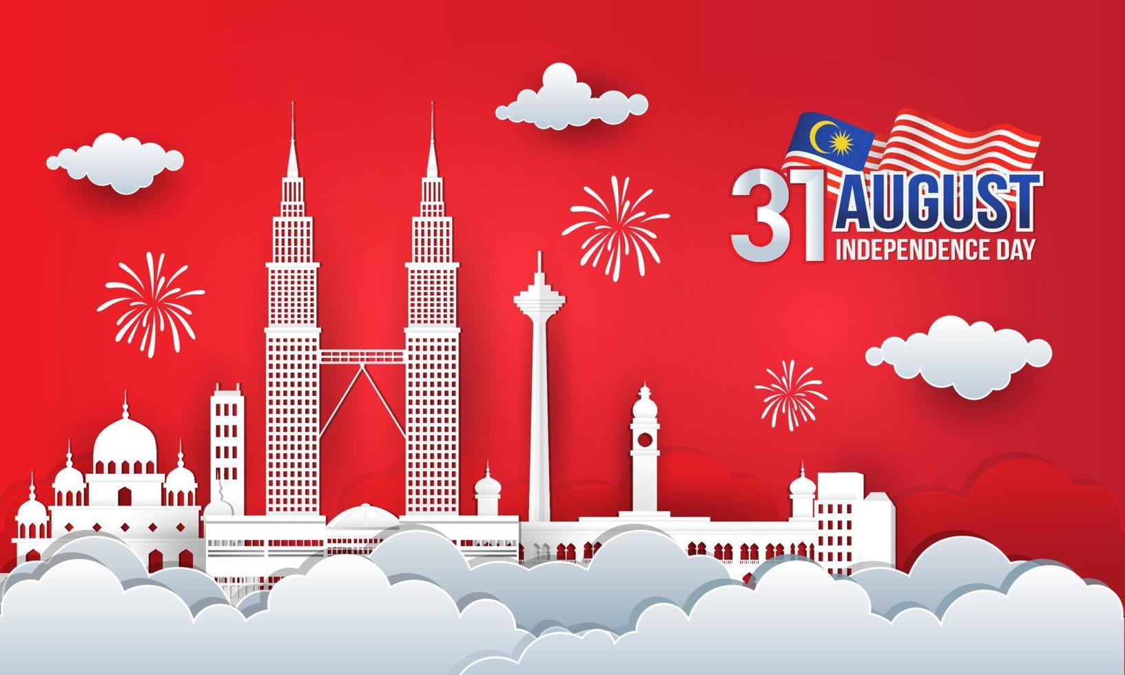 vektor illustration av 31: a augusti malaysia oberoende dag firande med stad horisont, malaysia flagga och fyrverkeri