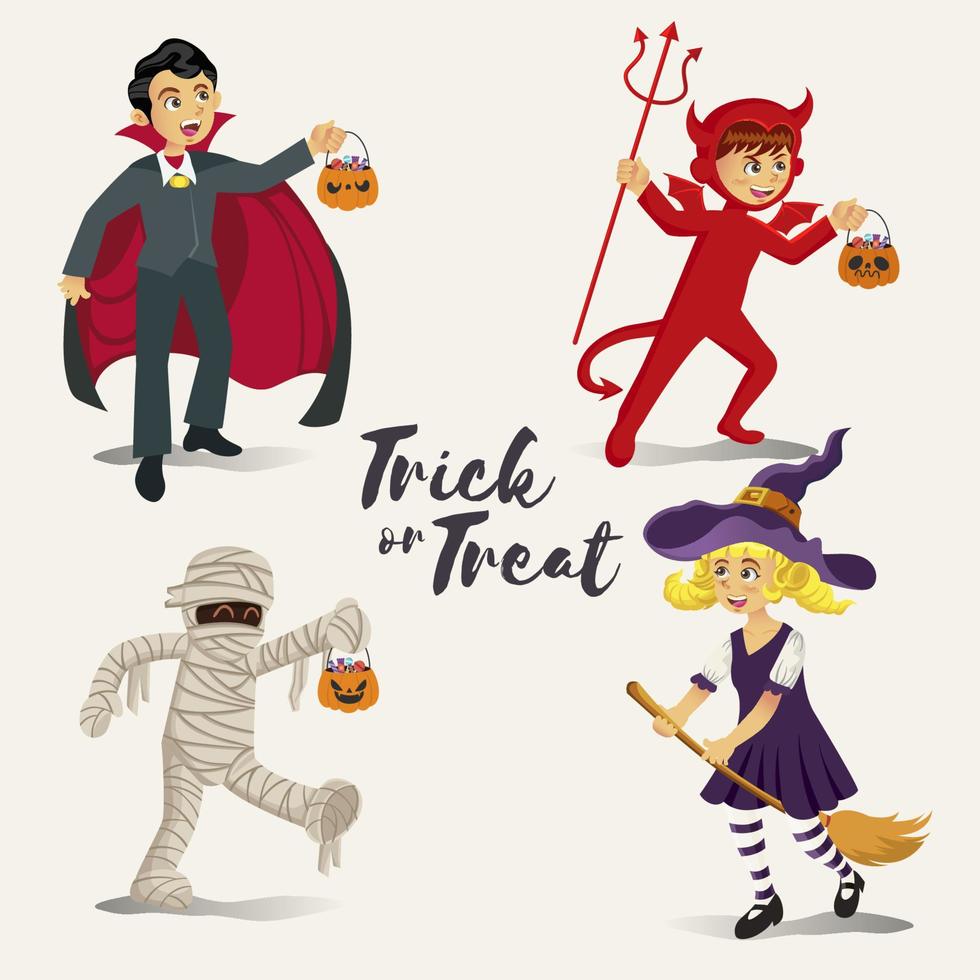 glückliche Kinder der Karikatur im Halloween-Kostüm, zum Süßes oder Saures zu gehen, das auf weißem Hintergrund lokalisiert wird vektor