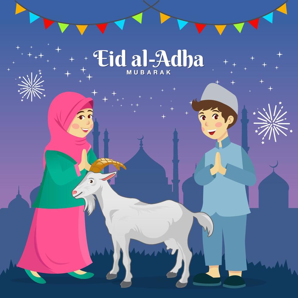 eid al Adha hälsning kort. söt tecknad serie muslim barn fira eid al Adha med en get för offra med stjärnor och moské som bakgrund vektor